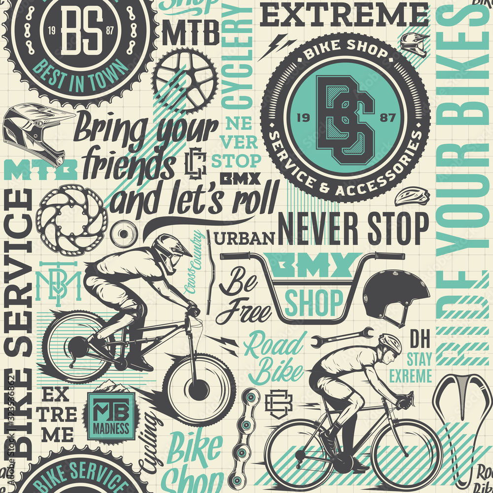 Vector typographic bicycle seamless pattern or background in black, teal and beige colors. Bike shop, service, mountain and road biking icons and design pieces