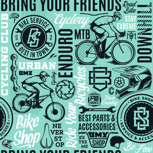 Vector bicycle seamless pattern or background in black  teal and white colors. Bike shop  club and service badges  mountain and road biking icons and design elements