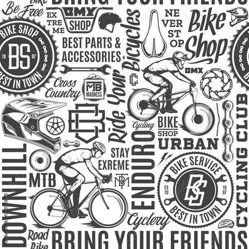 Vector black and white typographic bicycle seamless pattern or background. Bike shop and service badges  mountain and road biking design elements