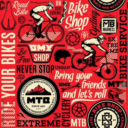 Vector bicycle seamless pattern or background in black, red and beige colors. Bike shop, service, mountain, bmx and road biking badges, icons and design pieces