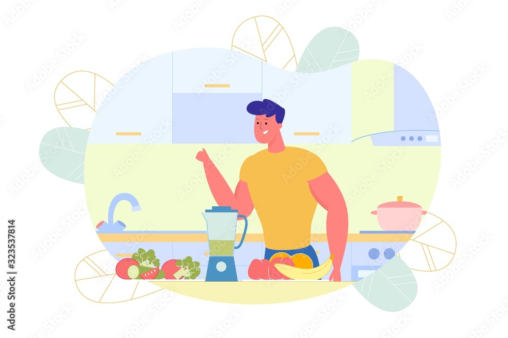 Flat Athletic Guy Preparing Vegetable Smoothie.