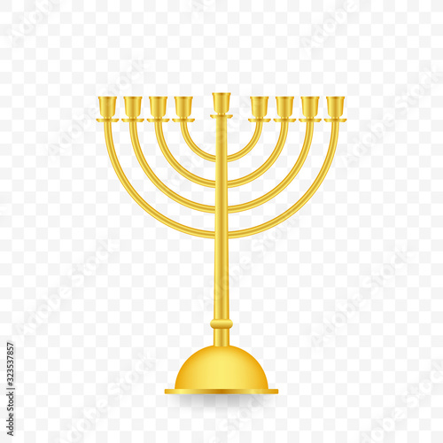Realistic Gold Hanukkah menorah icon on white background. Vector stock Illustration