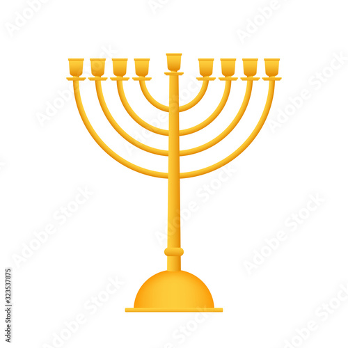 Realistic Gold Hanukkah menorah icon on white background. Vector stock Illustration