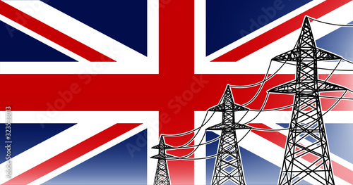 United Kingdom (UK) electric power supply lines vector concept - three high voltage poles with wires on flag background, used colors blue, red, white