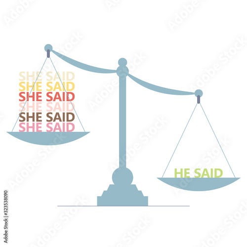 Discrimination and equality inequality based on sex and gender. Sexual harassment. Sexual violence. Her and his words balancing on a scale. Stop sexual harassment. Women's rights