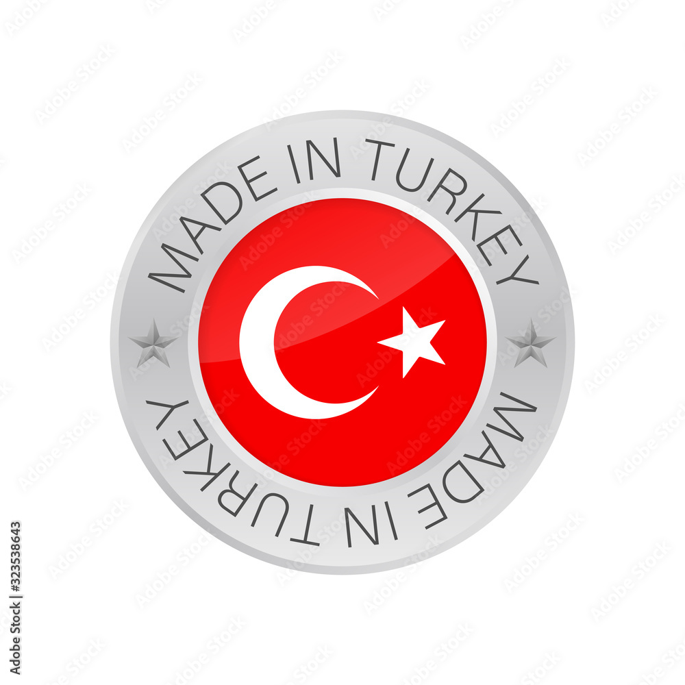 Glossy metal badge icon, made in Turkey with flag. Vector stock illustration. Glossy metal badge icon, made in Turkey with flag. Vector stock illustration.