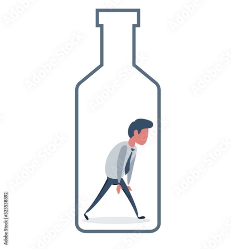 Alcohol and addiction, Young male character trapped inside a bottle, health problems. Vector flat design illustration.