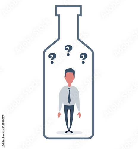 Alcohol and addiction, Young male character trapped inside a bottle, health problems. Vector flat design illustration.