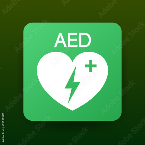 Emergency first aid defibrillator sign. White heart icon and white cross icon. Vector stock illustration.