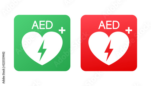 Emergency first aid defibrillator sign. White heart icon and white cross icon. Vector stock illustration.
