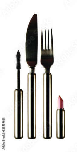 modern and simple in the form of a fork and knife, and identical lipstick and eyelash brush