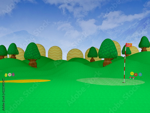 Fototapeta Naklejka Na Ścianę i Meble -  Cartoon Golf course - 3D Illustration