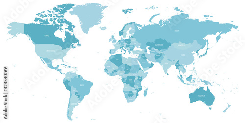 Map of World in shades of blue. High detail political map with country names. Vector illustration © pyty