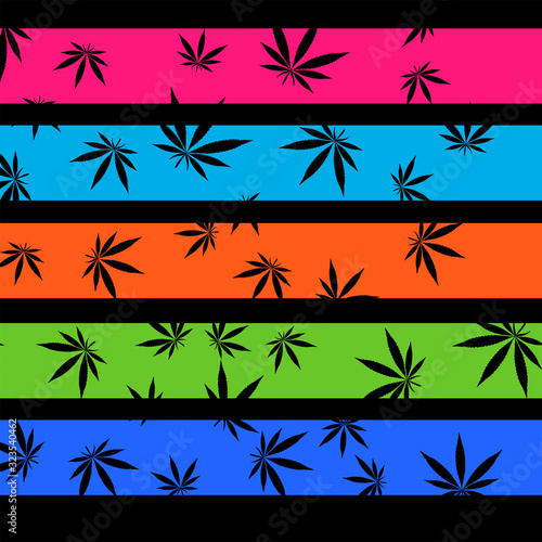 black cannabis leaves on a striped colorful background seamless pattern