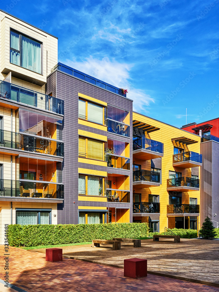 Benches and modern residential buildings