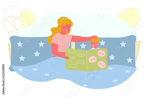 Mom Reads Bedtime Story to her Son, Illustration.