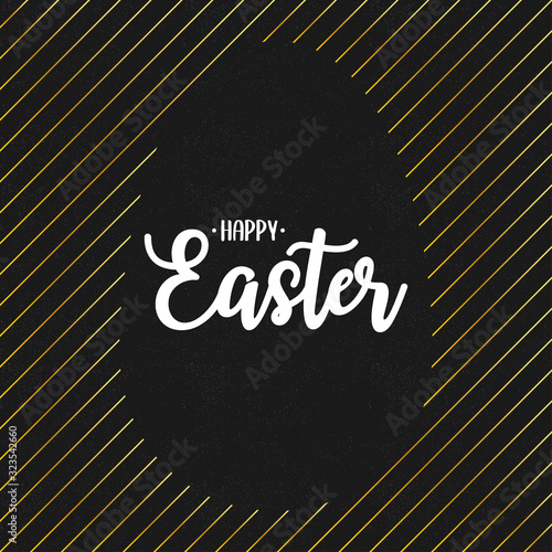 Happy Easter text lettering with gold lines and silhouette of blank paschal egg at black grunge background. Vector illustration.