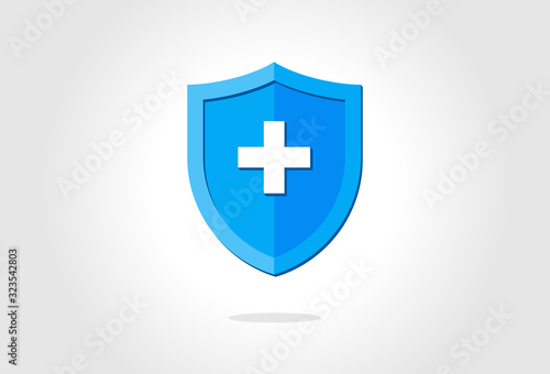 Blue medical health protection shield with cross. Healthcare medicine protected steel guard concept symbol. Vector insurance icon isolated illustration