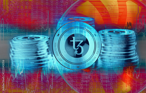 Tezos (XTZ) digital crypto currency coins. Cyber money. photo