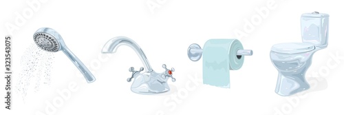 Assortment of metal and ceramic bathroom fixtures, washroom equi ment, sanitary fittings metallic shower head, water tap, faucet, toilet paper holder, ceramic shiny flush toilet bowl, WC pan. Set.