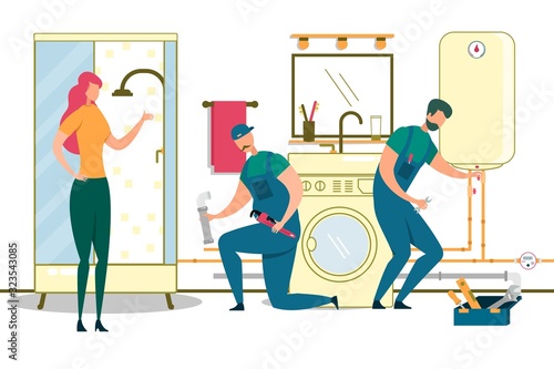 Team of Plumbers Install Water Heater in Bathroom.