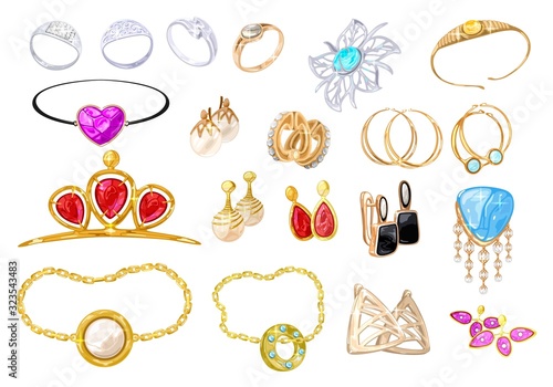 Big vector realistic set with assortment of jewelry, bijouterie, fashion shops, wedding salons. Golden. platinum, silver rings, bracelets, brooches, charms, earrings, pendants circlets tiaras gems