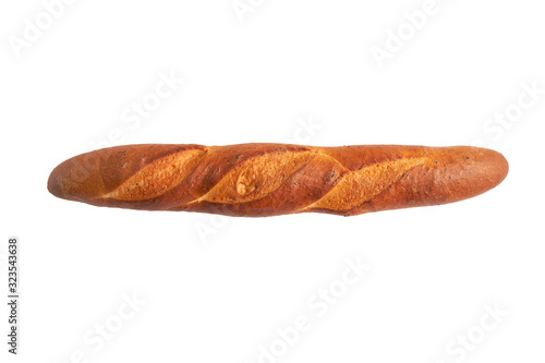 one crispy french baguettes isolated on white background  with free space for text