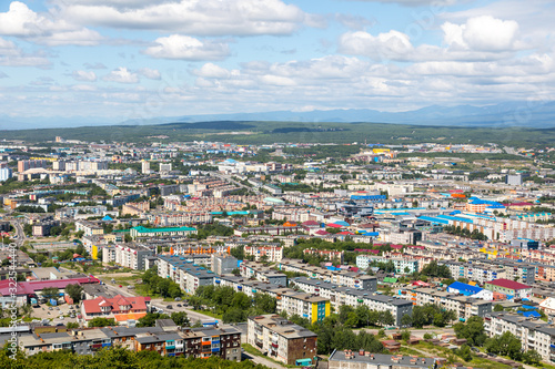 Aerial view of the city of Petropavlovsk-Kamchatsky, Kamchatka Peninsula, Russia.