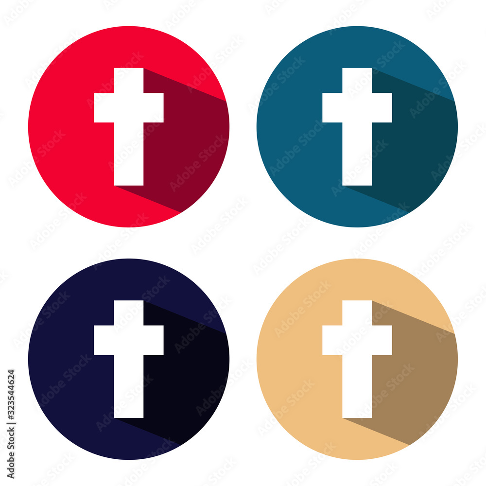 Set of colored christian cross icons. White christian cross with long shadow. Vector illustration. Christian cross on the round button. Set of colored christian cross icons. White christian cross with long shadow. Vector illustration. Christian cross on the round button.