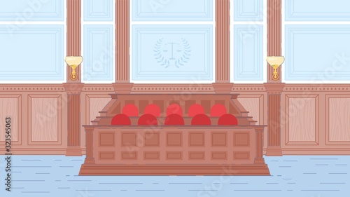 Jury Box in Court or Trial House Hall Interior.