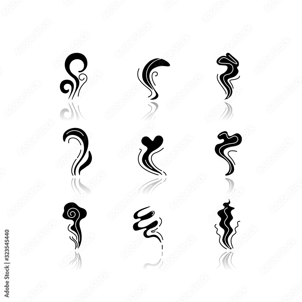 Fotografie Odor drop shadow black glyph icons set