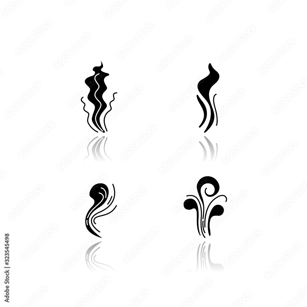Smell drop shadow black glyph icons set. Good and bad scent. Fluid odor, perfume scent. Stinky stench. Aromatic fragrance curves. Smoke stream, fume swirl. Isolated vector illustrations on white space Smell drop shadow black glyph icons set. Good and bad scent. Fluid odor, perfume scent. Stinky stench. Aromatic fragrance curves. Smoke stream, fume swirl. Isolated vector illustrations on white space