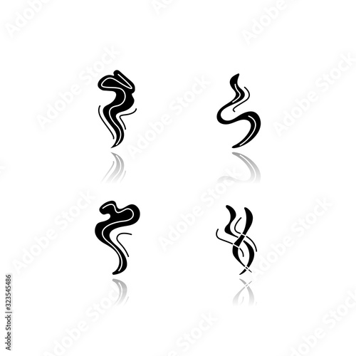 Odor drop shadow black glyph icons set. Good smell. Fluid, nice perfume scent. Aromatic fragrance flowing curves. Smoke puff, hot steam curls, fume swirls. Isolated vector illustrations on white space