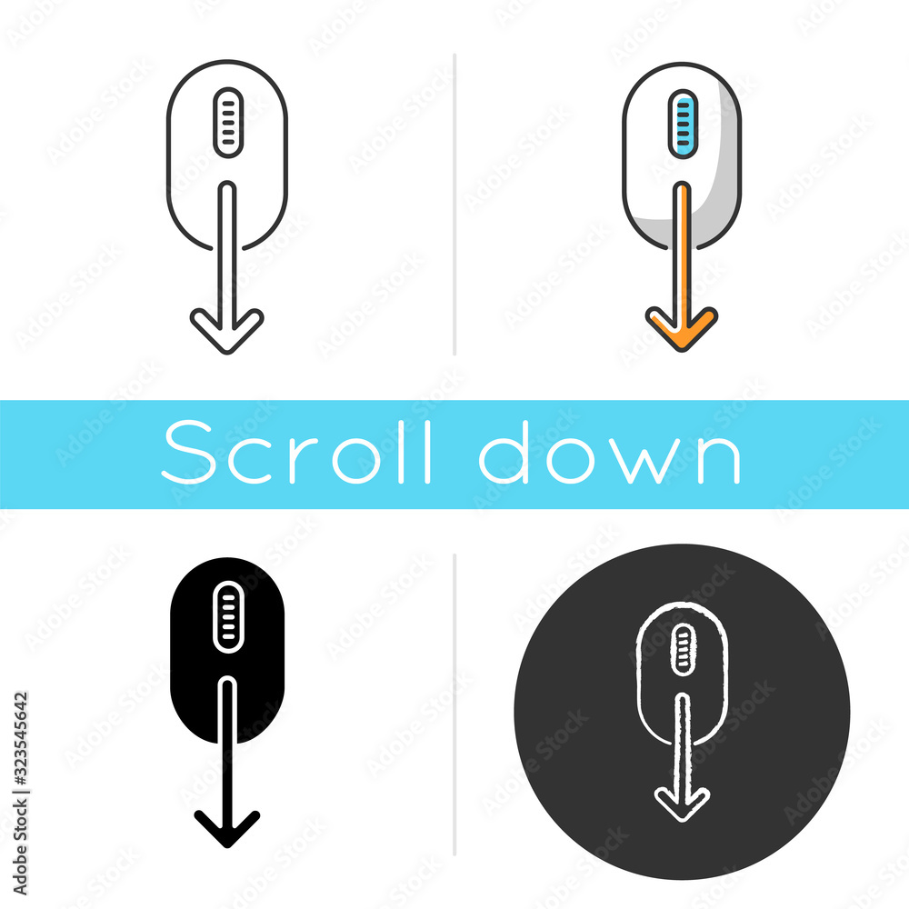 Mouse and down arrow icon. Web page scrolling down indicator. Cursor direction. PC mouse with moving arrowhead. App interface button. Linear black and RGB color styles. Isolated vector illustrations Mouse and down arrow icon. Web page scrolling down indicator. Cursor direction. PC mouse with moving arrowhead. App interface button. Linear black and RGB color styles. Isolated vector illustrations