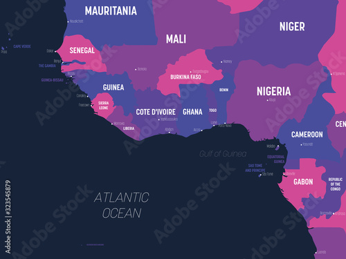 Western Africa map. High detailed political map of western african and Bay of Guinea region with country, capital, ocean and sea names labeling