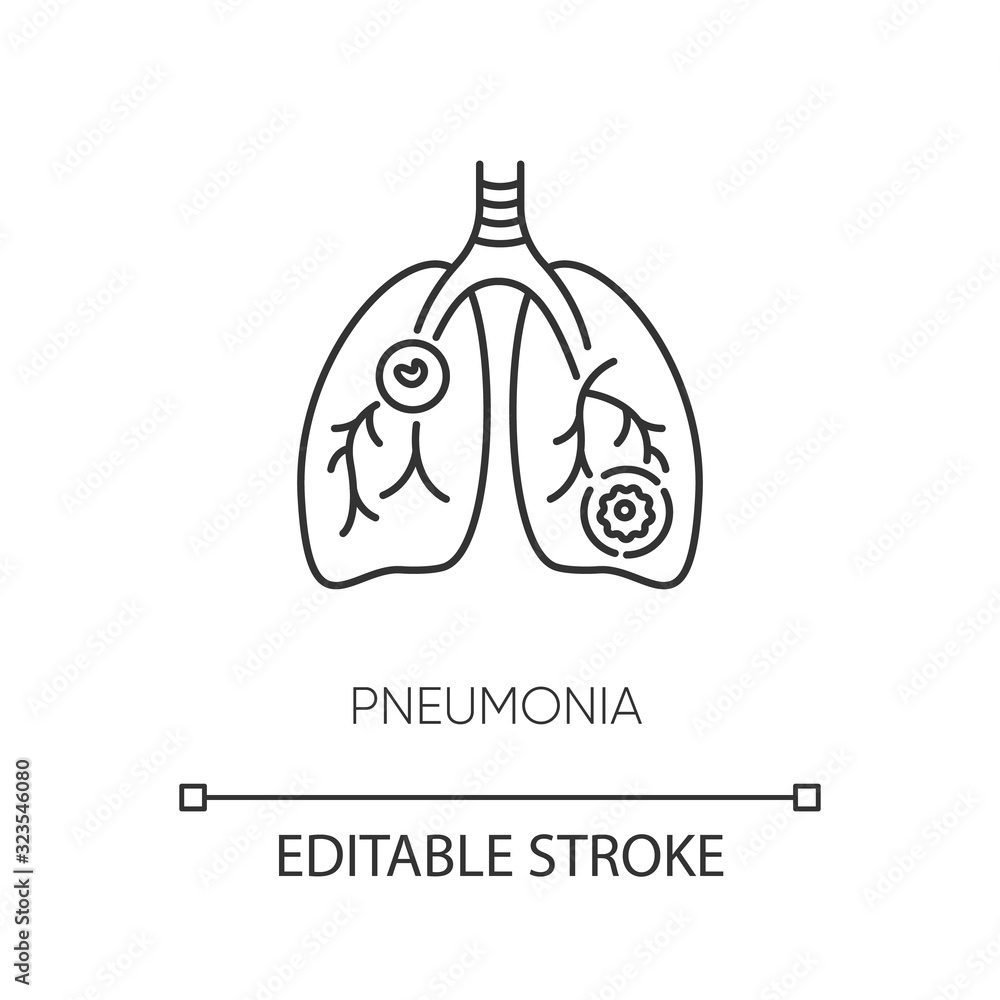 Pneumonia pixel perfect linear icon. Thin line customizable illustration. Dangerous respiratory disease, pulmonary illness contour symbol. Vector isolated outline drawing. Editable stroke Pneumonia pixel perfect linear icon. Thin line customizable illustration. Dangerous respiratory disease, pulmonary illness contour symbol. Vector isolated outline drawing. Editable stroke