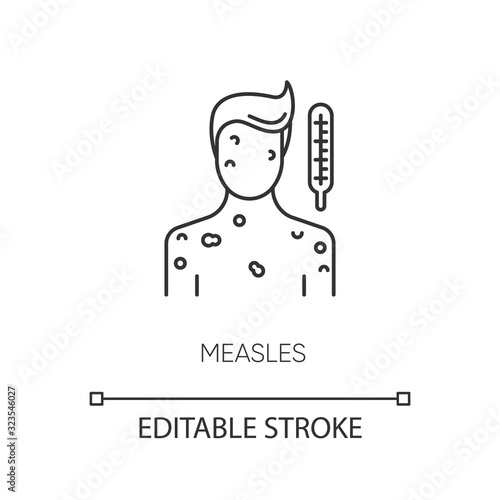 Measles pixel perfect linear icon. Thin line customizable illustration. Pandemic viral infection, contagious rubella virus, chickenpox contour symbol. Vector isolated outline drawing. Editable stroke