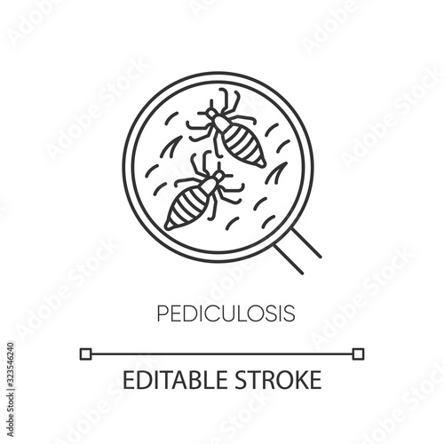 Pediculosis pixel perfect linear icon. Thin line customizable illustration. Contagious medical problem, epidemic disease, head lice contour symbol. Vector isolated outline drawing. Editable stroke