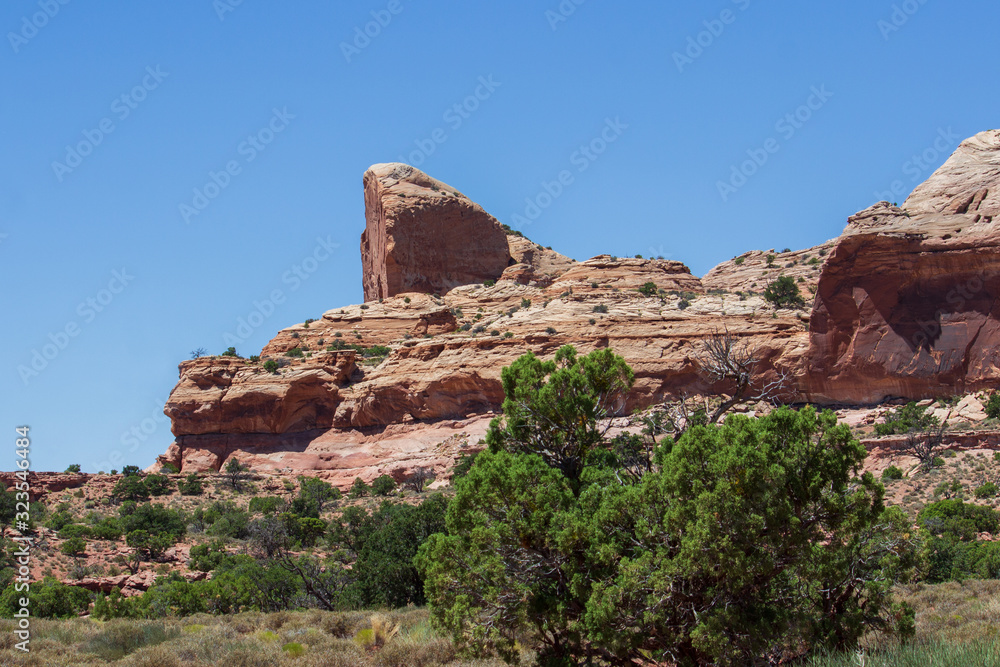  Red and brown sandstone cliff with blue sky and green bushes in America's southwest.
