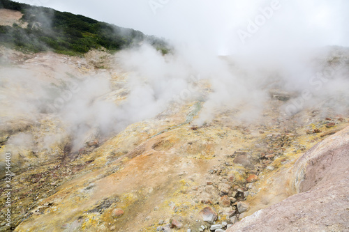 Small Valley of Geysers, Kamchatka Peninsula, Russia. This is a unique active fumarole field, the hot gases of which pass through the water of a cold stream, heating it and creating a gushing effect.