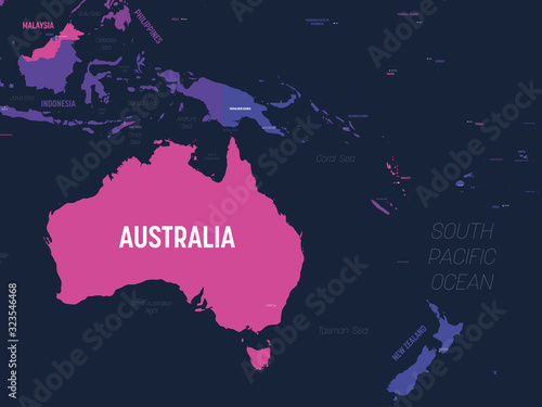 Australia and Oceania map. High detailed political map of australian and pacific region with country, capital, ocean and sea names labeling