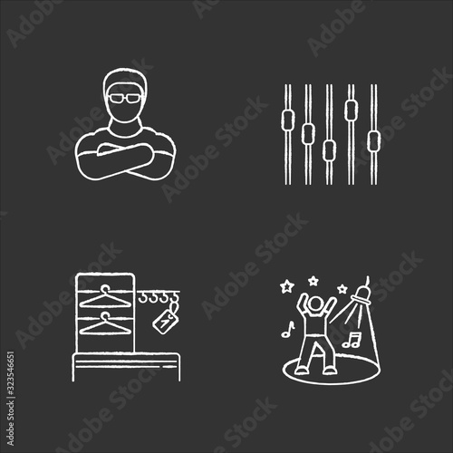 Nightclub chalk white icons set on black background. Face control, late night party, night club discotheque. Bouncer, wardrobe, dance floor and equalizer isolated vector chalkboard illustrations
