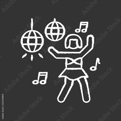 Go go dancer chalk white icon on black background. Trendy night club recreation, rave party. Energizing dancer, young clubber dancing on nightclub stage isolated vector chalkboard illustration
