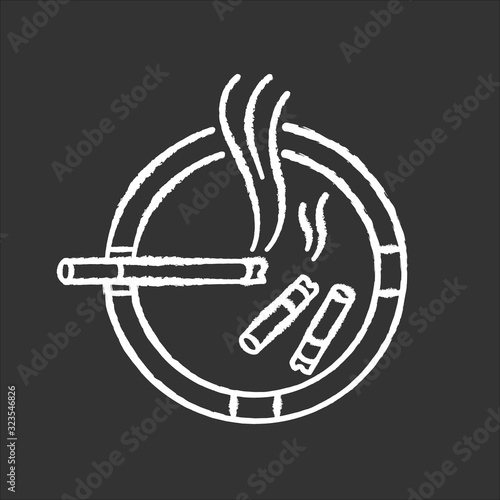 Ashtray chalk white icon on black background. Smoking addiction, dangerous habit, unhealthy lifestyle. Ash tray with burning cigarette and stubs isolated vector chalkboard illustration