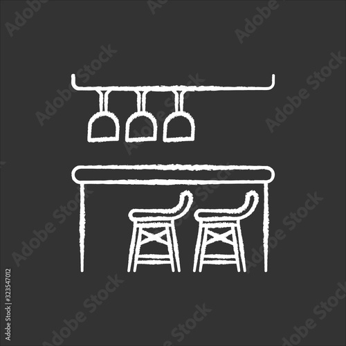 Bar counter chalk white icon on black background. Night club, bar, pub, drinking establishment furniture. Bartender occupation. Alcohol drinks sale. Isolated vector chalkboard illustration