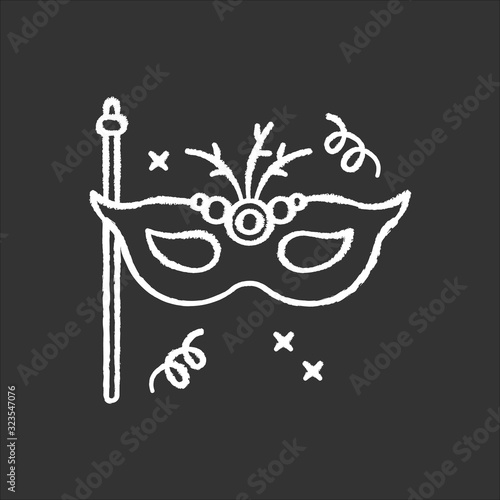 Masquerade mask chalk white icon on black background. Theme party, luxurious ball, fashionable celebration event. Elegant masque, costume accessory isolated vector chalkboard illustration
