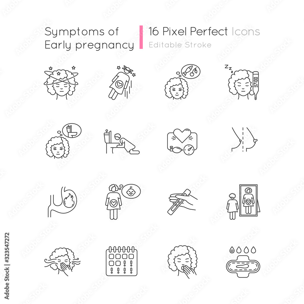Early pregnancy symptom pixel perfect linear icons set. Family planning. Maternity and motherhood. Customizable thin line contour symbols. Isolated vector outline illustrations. Editable stroke