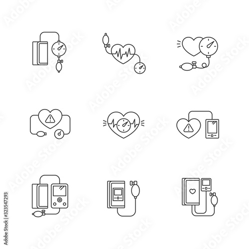Early pregnancy symptom pixel perfect linear icons set. High blood pressure. Tonometer for heartbeat. Customizable thin line contour symbols. Isolated vector outline illustrations. Editable stroke