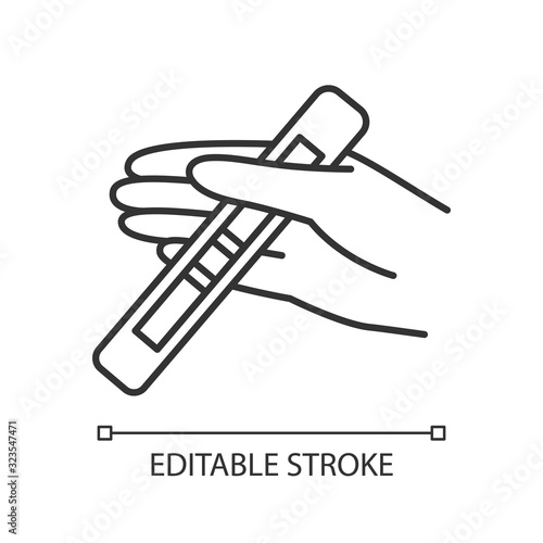 Positive test pixel perfect linear icon. Early sign of pregnancy. Pregnant woman check. Thin line customizable illustration. Contour symbol. Vector isolated outline drawing. Editable stroke