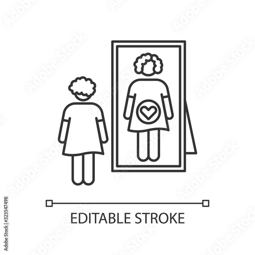 Intuitive feeling pixel perfect linear icon. Early sign of pregnancy. Woman awaiting for baby. Thin line customizable illustration. Contour symbol. Vector isolated outline drawing. Editable stroke